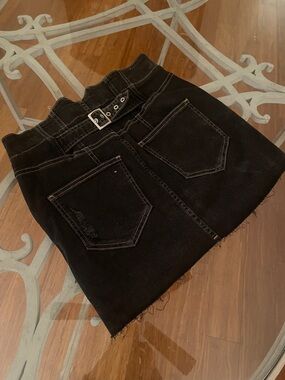 Free People Black High-Rise Denim Mini Skirt with cinch Belt Detail in on back